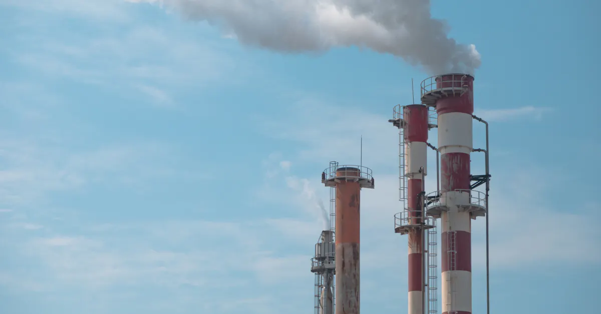 Three industrial smokestacks with white smoke against a clear blue sky, symbolizing air pollution.
